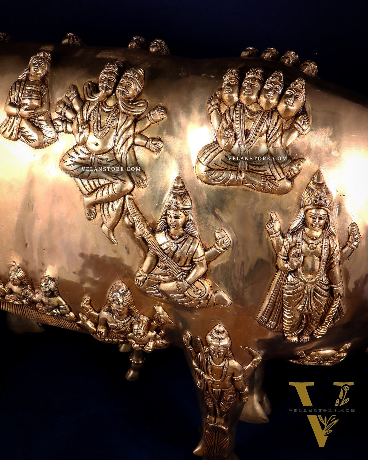 Majestic Large Pure Brass Kamadhenu Cow with Calf – Engraved with All Gods 40 inch