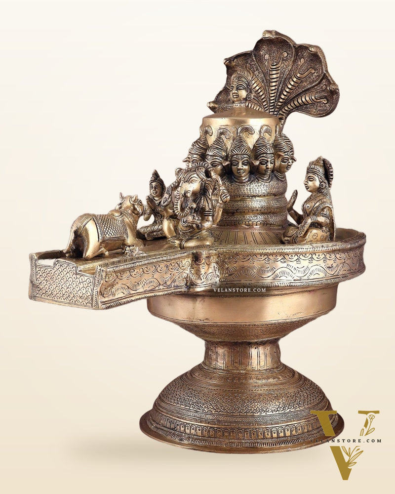 Majestic Large Pure Brass Lord Shiva Family on Shiva Lingam 21"