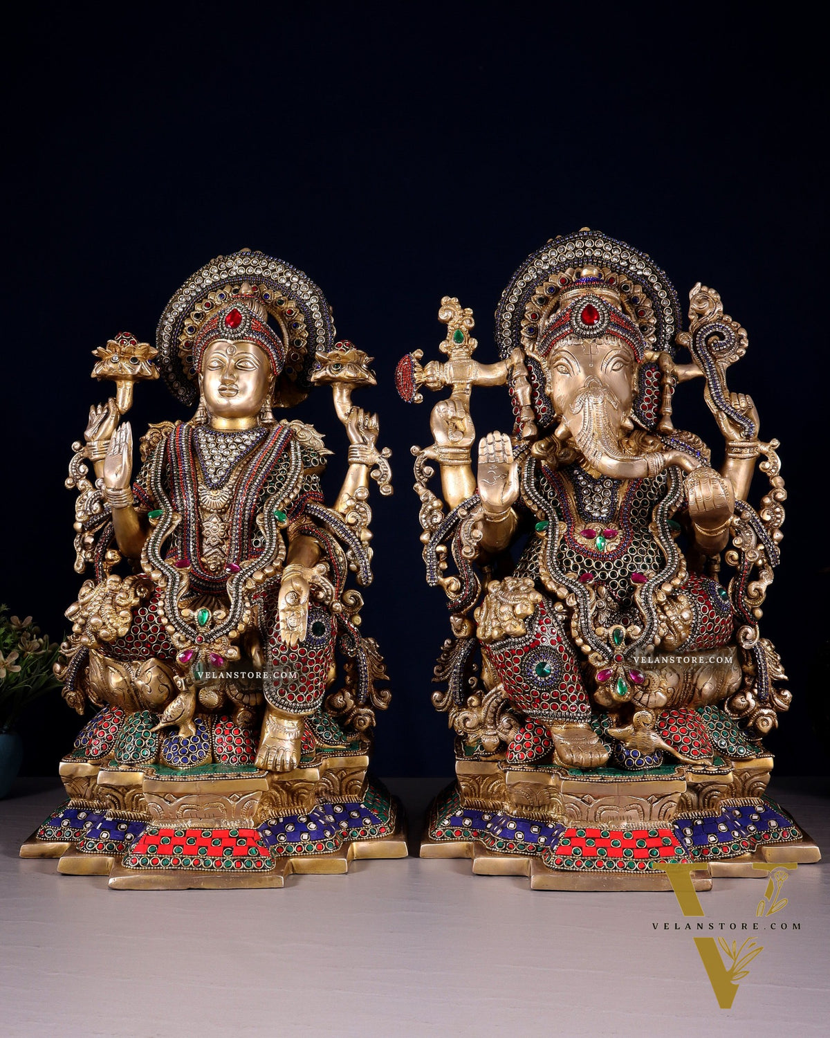 Majestic Pure Brass Ganesha & Lakshmi Idols – 18" jewellers meenakari