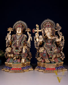 Majestic Pure Brass Ganesha & Lakshmi Idols – 18" jewellers meenakari