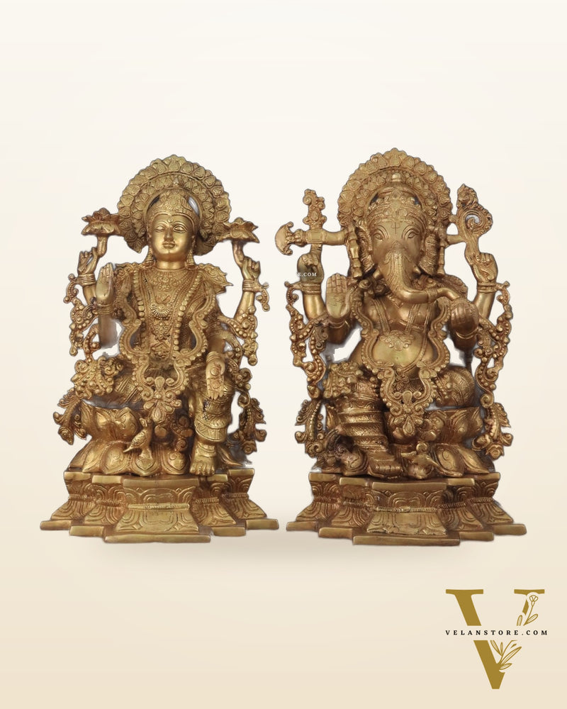 Majestic Pure Brass Ganesha & Lakshmi Idols – 18"