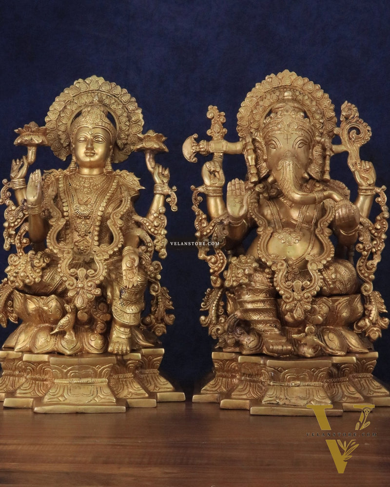 Majestic Pure Brass Ganesha & Lakshmi Idols – 18"