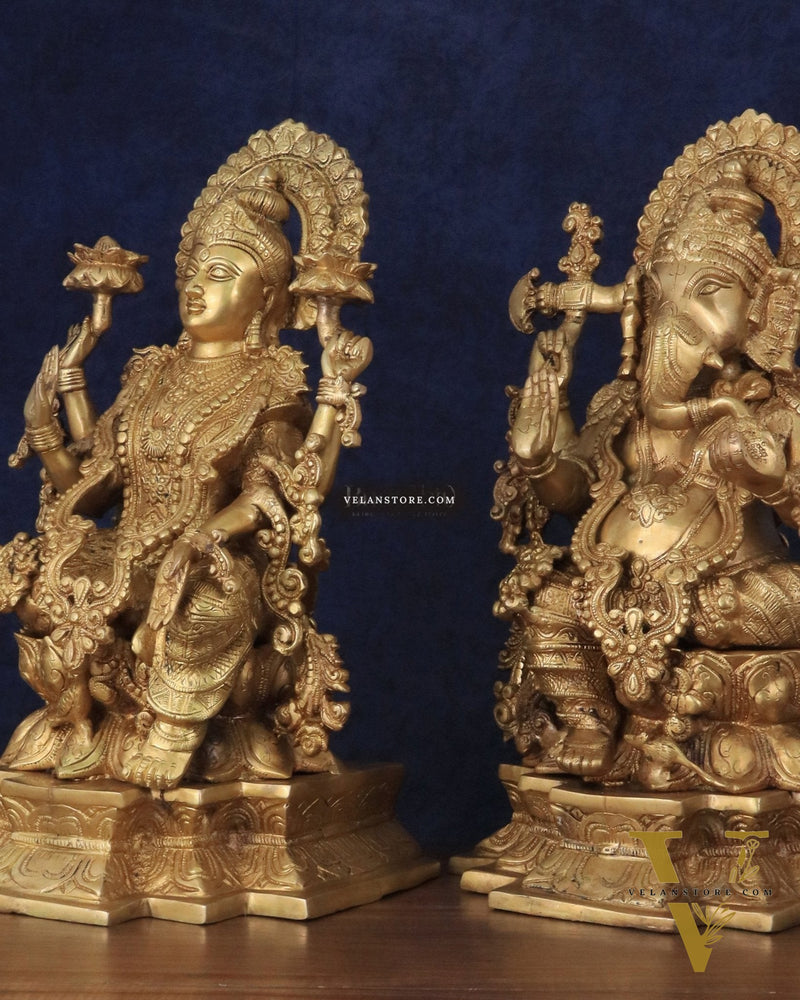 Majestic Pure Brass Ganesha & Lakshmi Idols – 18"