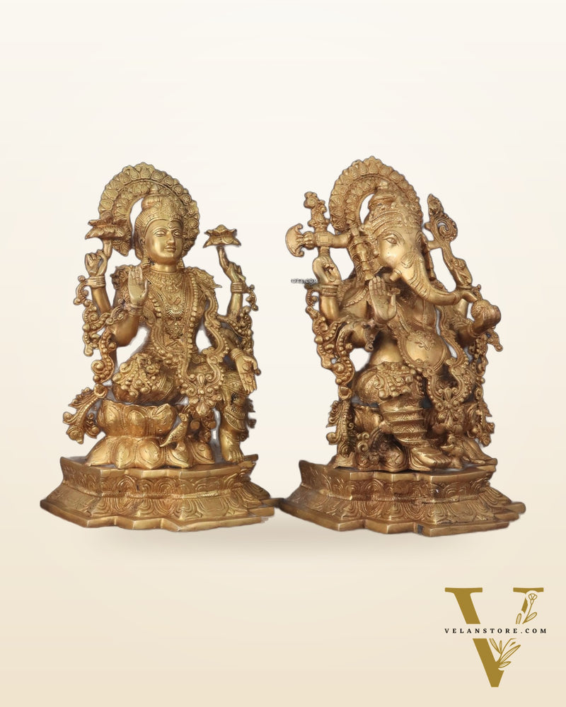 Majestic Pure Brass Ganesha & Lakshmi Idols – 18"