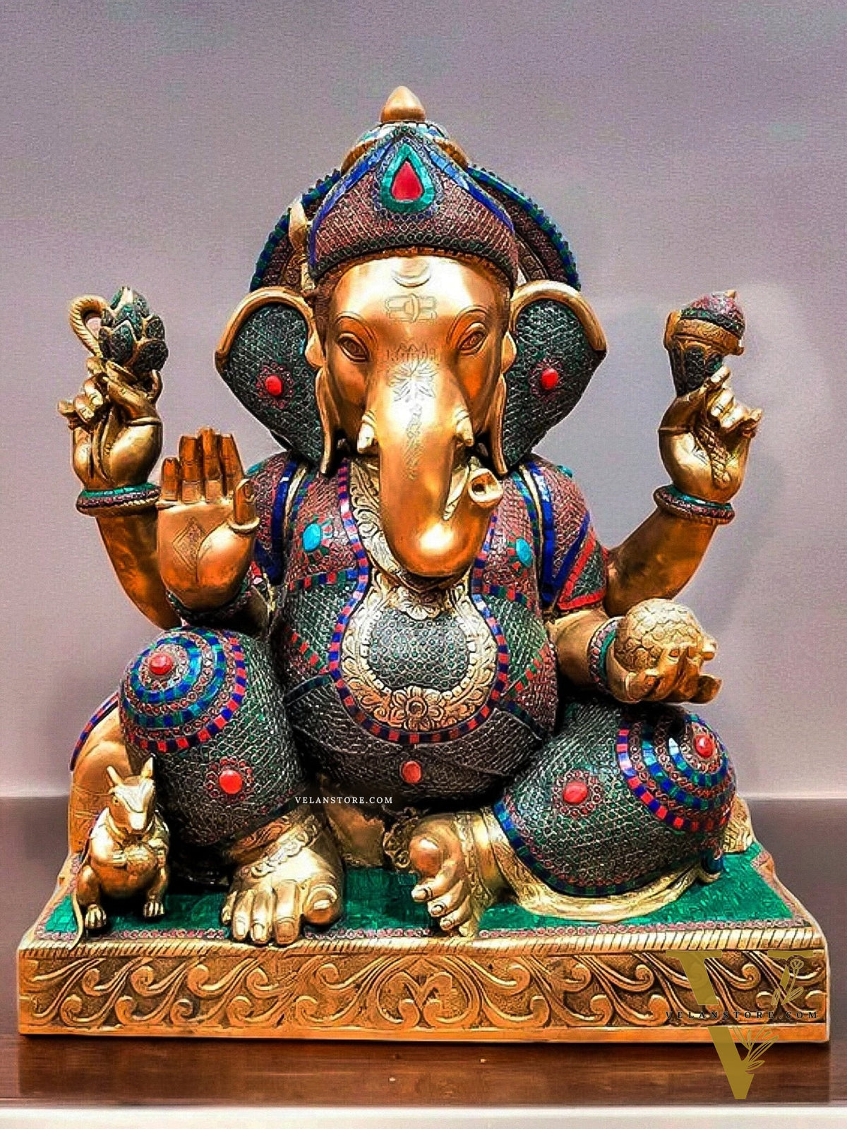 Majestic Pure Brass Ganesha Sculpture with Meenakari Stonework - 85kg, 33in Height