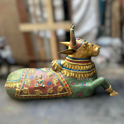 Majestic Pure Brass Large Nandi Sculpture Idol Statue with Stonework | 82 inch