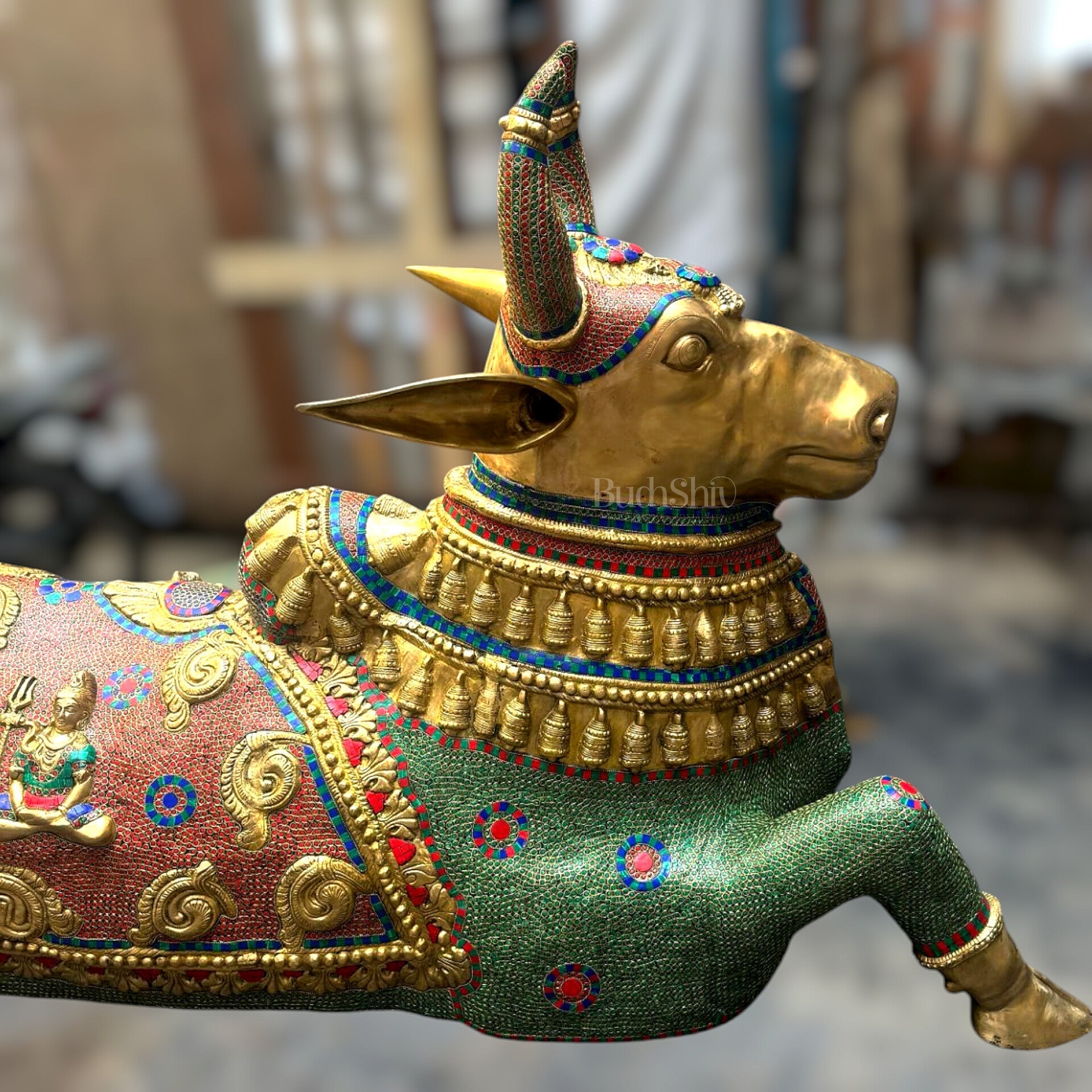 Majestic Pure Brass Large Nandi Sculpture Idol Statue with Stonework | 82 inch