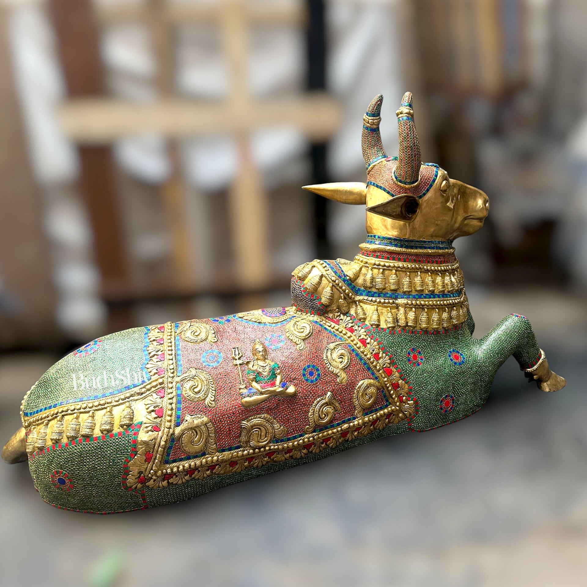 Majestic Pure Brass Large Nandi Sculpture Idol Statue with Stonework | 82 inch