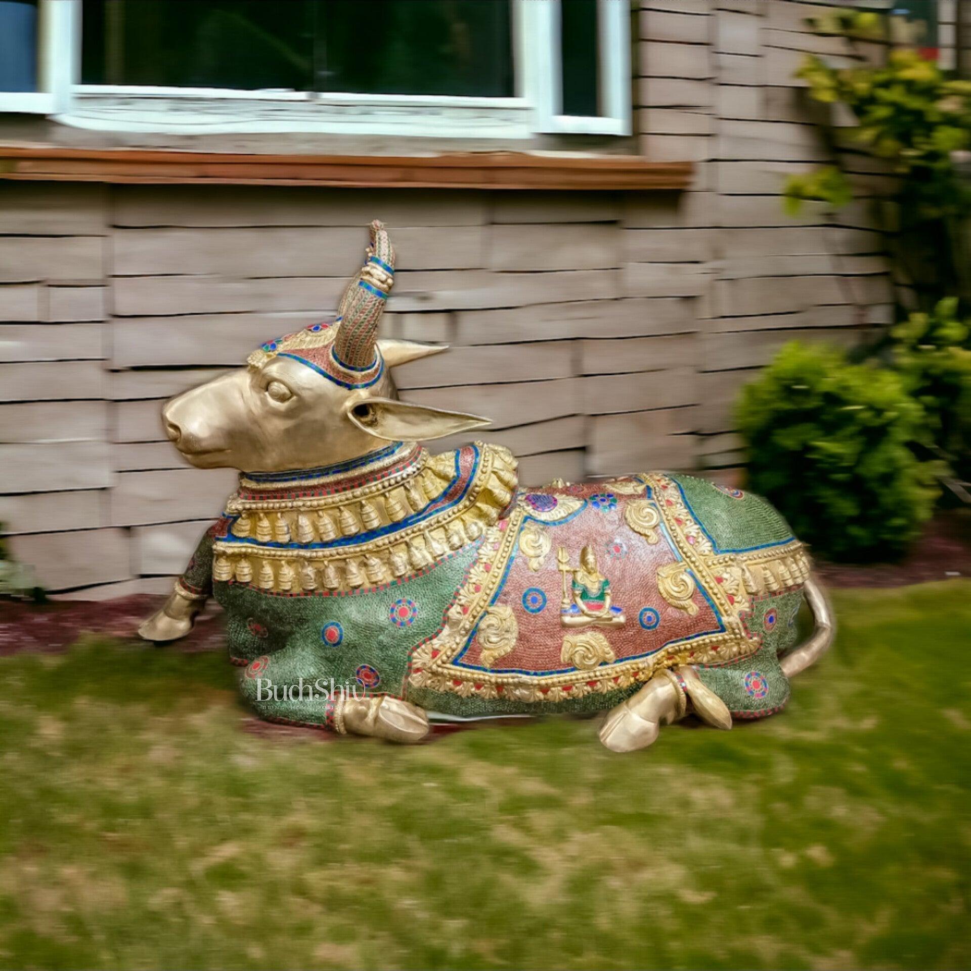 Majestic Pure Brass Large Nandi Sculpture Idol Statue with Stonework | 82 inch