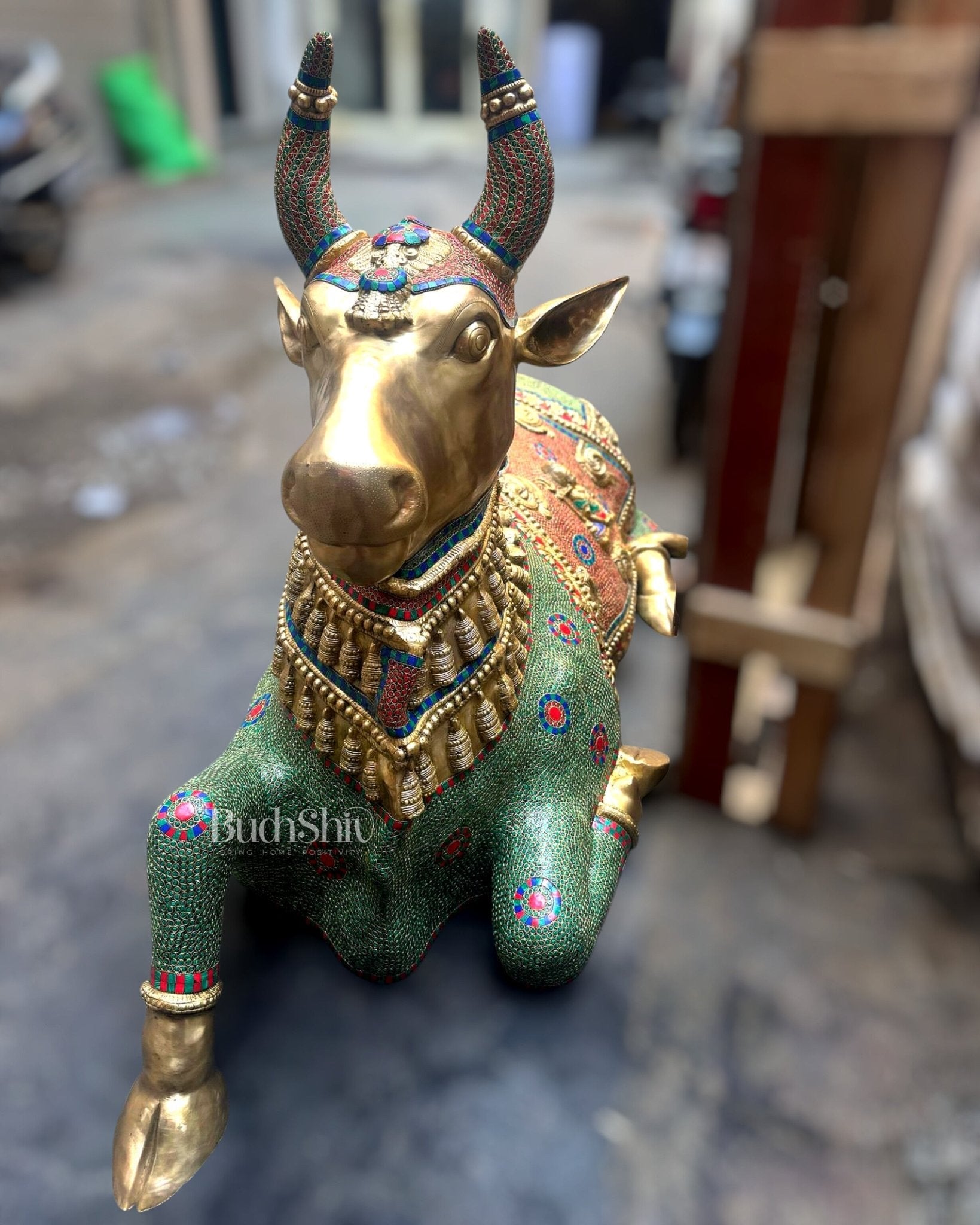 Majestic Pure Brass Large Nandi Sculpture Idol Statue with Stonework | 82 inch