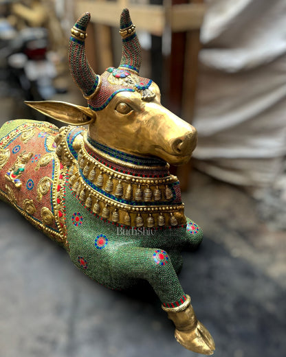 Majestic Pure Brass Large Nandi Sculpture Idol Statue with Stonework | 82 inch