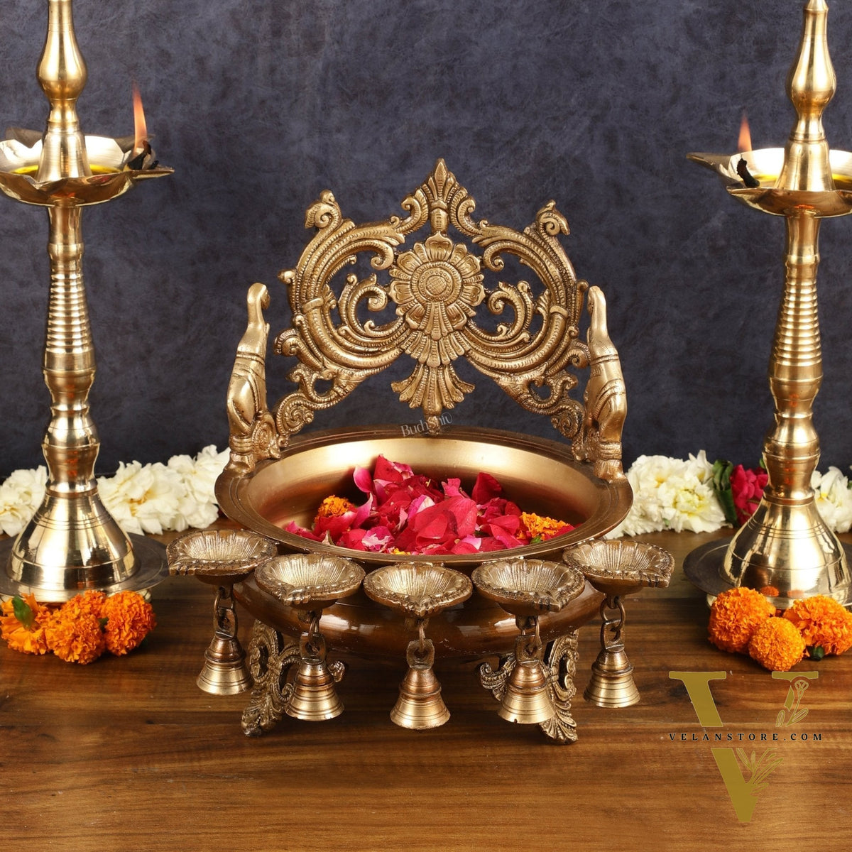 Majestic Pure Brass Urli with Diyas and Bells - 12"