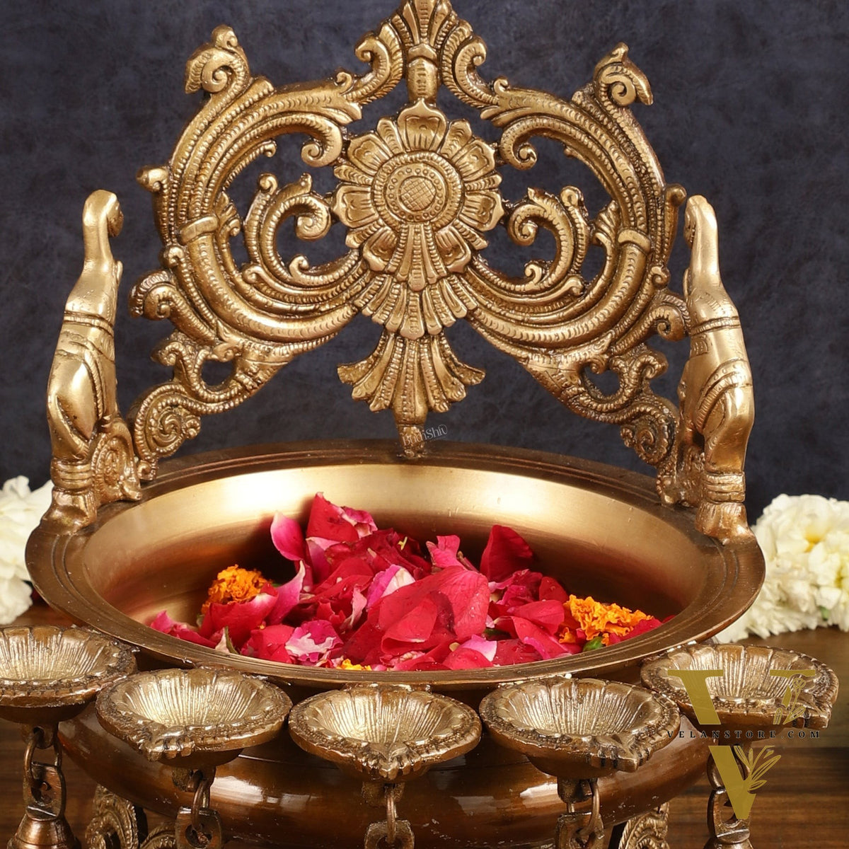 Majestic Pure Brass Urli with Diyas and Bells - 12"