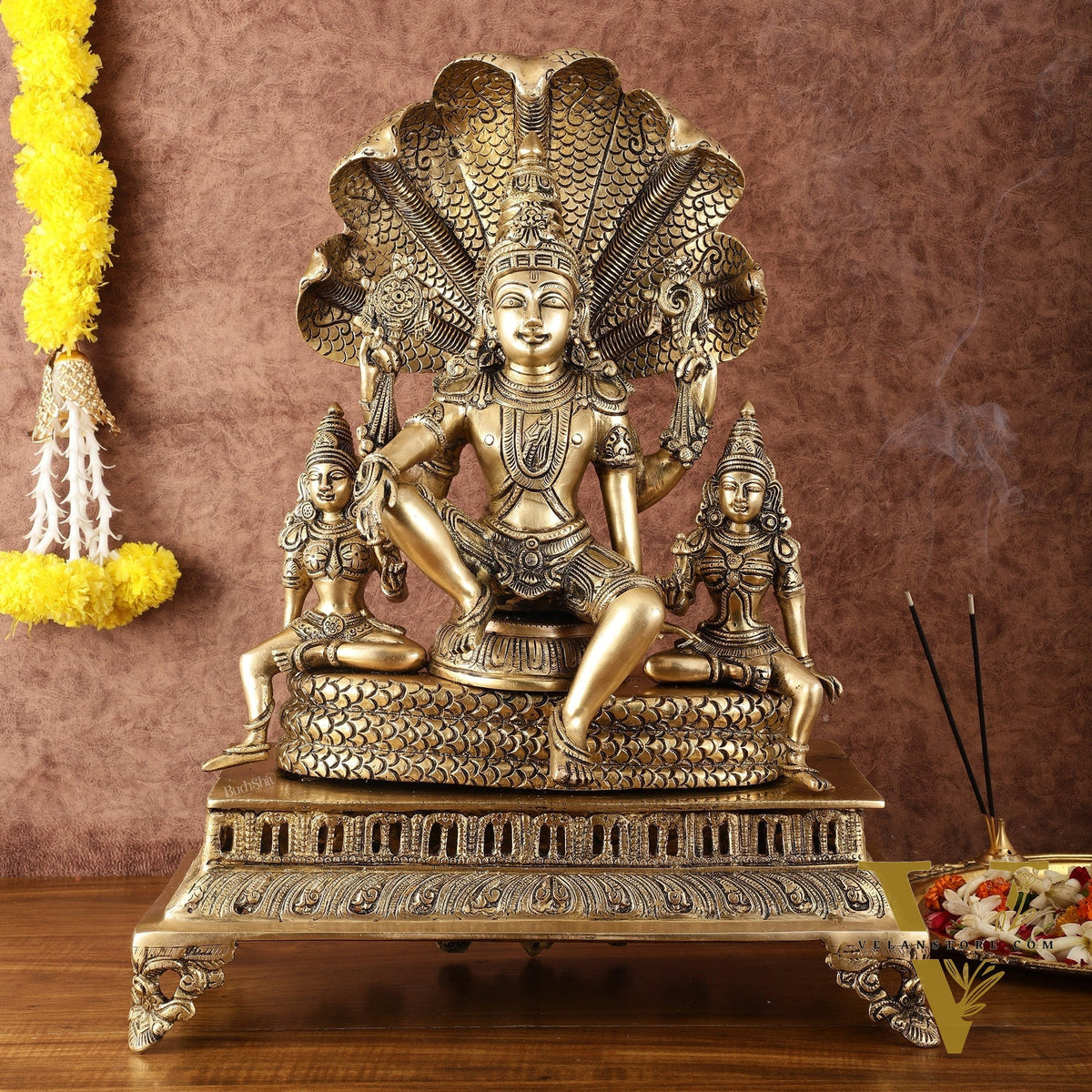 Majestic Superfine Brass Vishnu with Bhudevi and Sridevi Sitting Under Sheshanaaga - 20.5"
