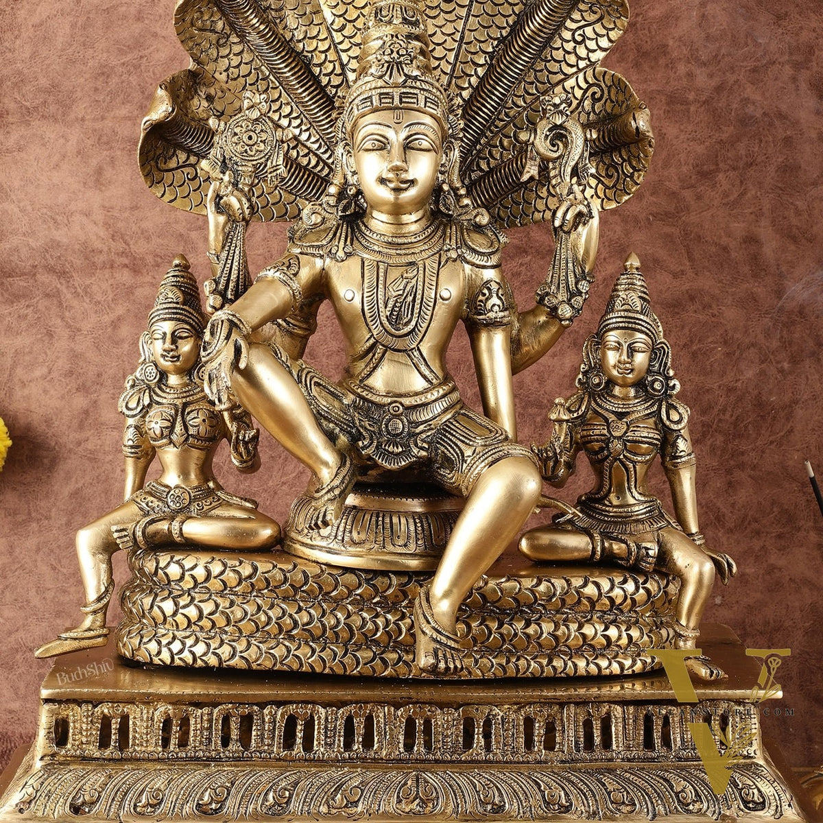 Majestic Superfine Brass Vishnu with Bhudevi and Sridevi Sitting Under Sheshanaaga - 20.5"