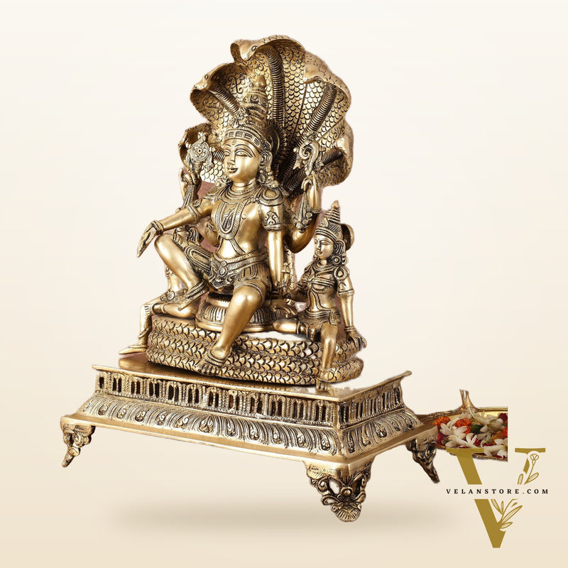 Majestic Superfine Brass Vishnu with Bhudevi and Sridevi Sitting Under Sheshanaaga - 20.5"