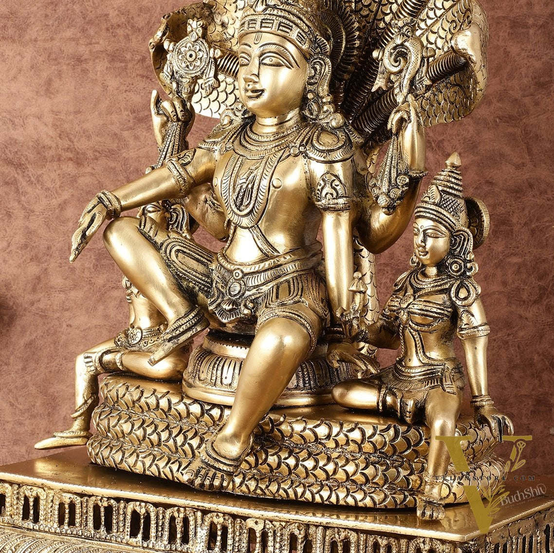 Majestic Superfine Brass Vishnu with Bhudevi and Sridevi Sitting Under Sheshanaaga - 20.5"