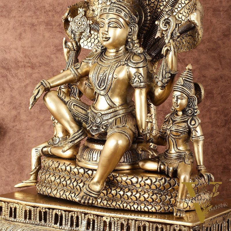 Majestic Superfine Brass Vishnu with Bhudevi and Sridevi Sitting Under Sheshanaaga - 20.5"