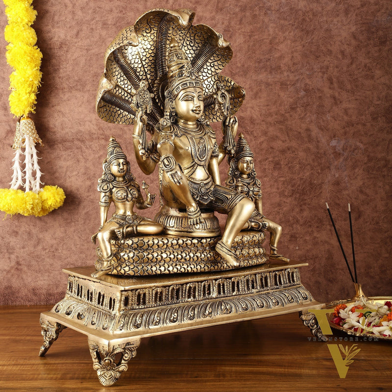 Majestic Superfine Brass Vishnu with Bhudevi and Sridevi Sitting Under Sheshanaaga - 20.5"