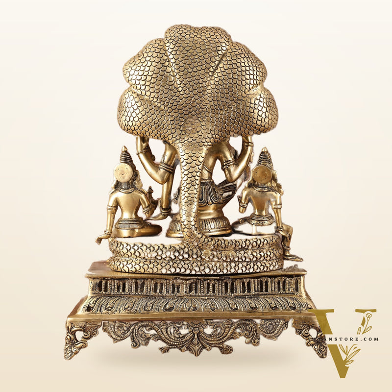 Majestic Superfine Brass Vishnu with Bhudevi and Sridevi Sitting Under Sheshanaaga - 20.5"