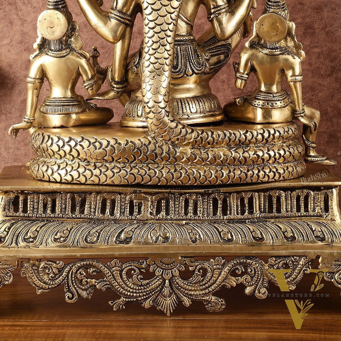 Majestic Superfine Brass Vishnu with Bhudevi and Sridevi Sitting Under Sheshanaaga - 20.5"