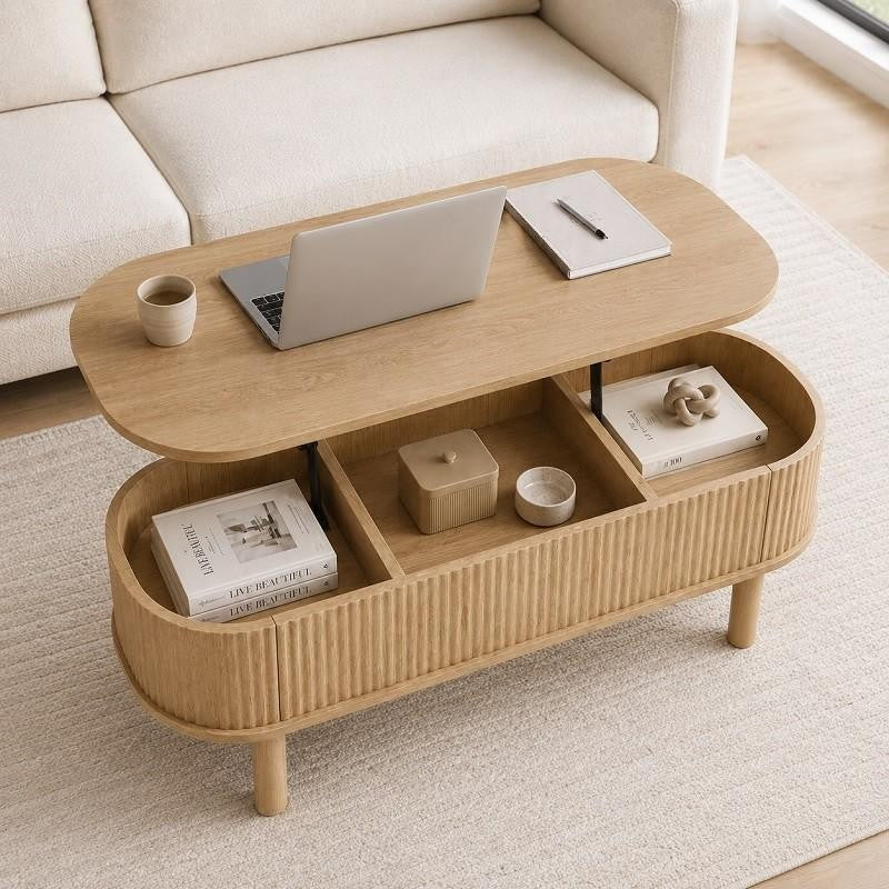 Space-Saving Oval Lift-Top Coffee Table with 3 Hidden Storage Compartments – Solid Mango Wood