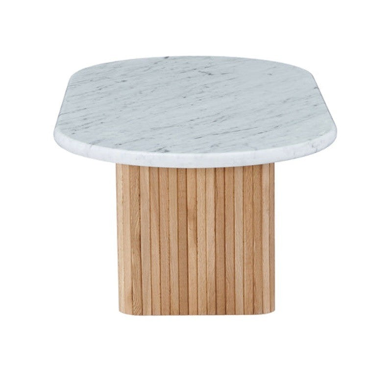 Oval Marble coffee table with Vertical Slatted Wooden Base – White Marble & Acacia Finish – 36x24 in – Modern Living Room Elegance