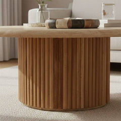 Roma White Round Marble Coffee Table with Ribbed Cylindrical Base – Luxury Living Room Furniture