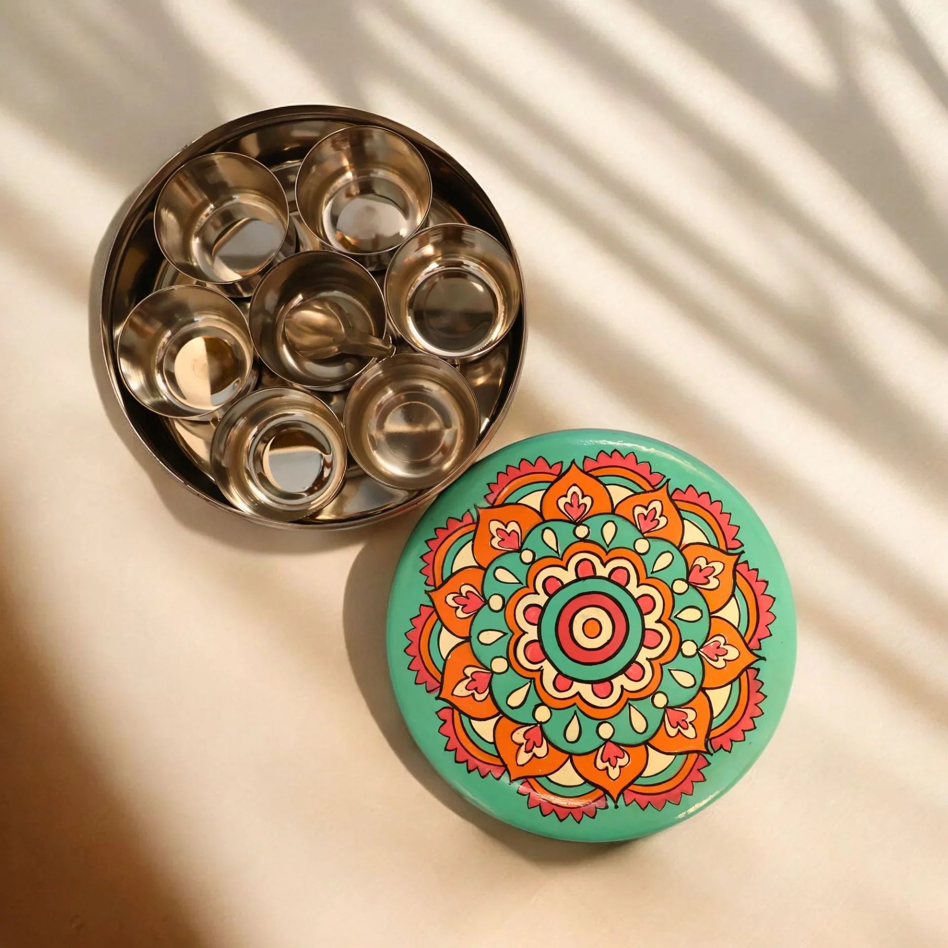 Hand Painted Spice Box With 7 Compartments- Beautiful Rangoli Design