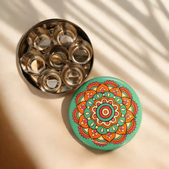 Hand Painted Spice Box With 7 Compartments- Beautiful Rangoli Design