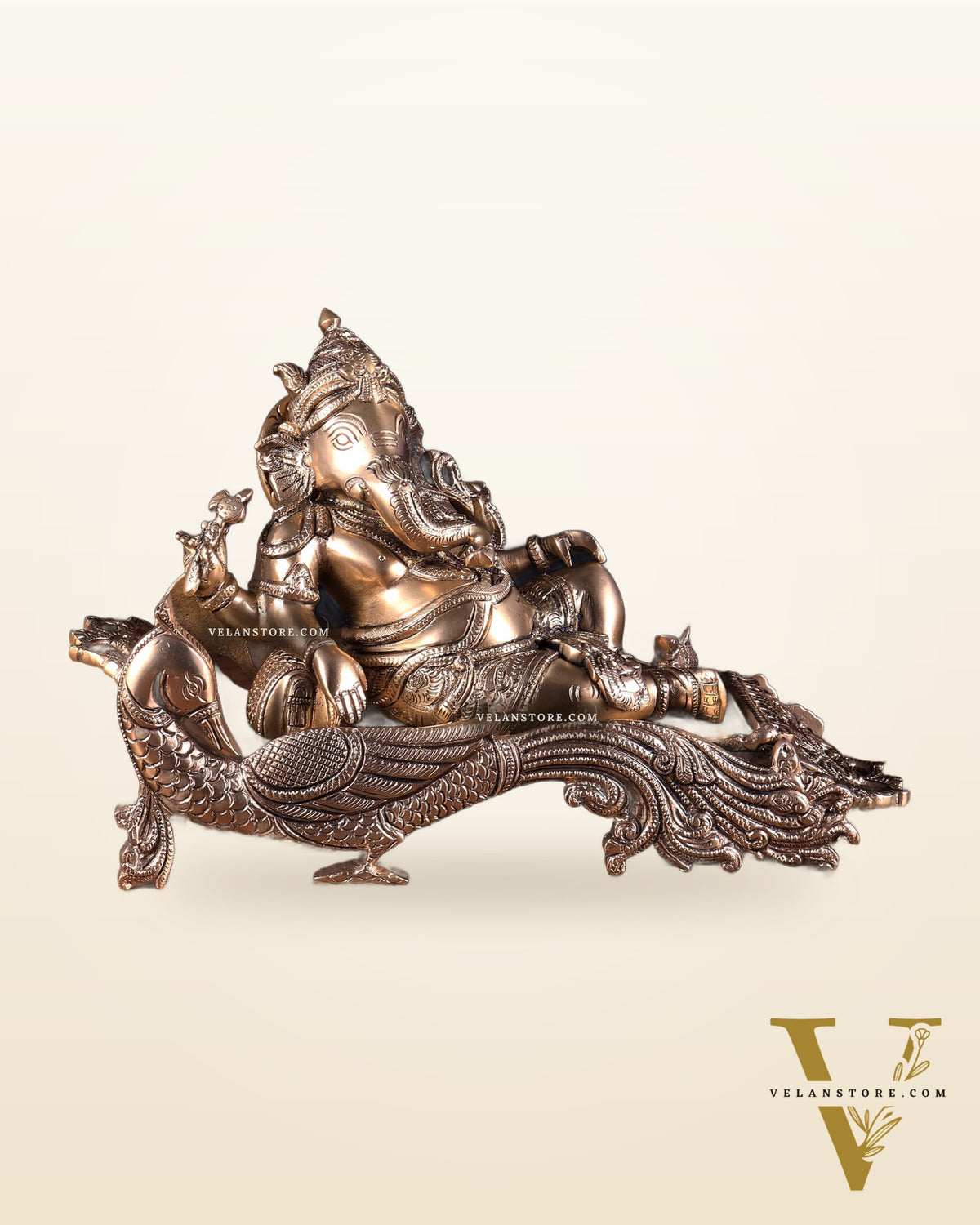 Matte gold Brass Lord Ganesha Statue on Peacock Throne – 11.5" enhanced carvings