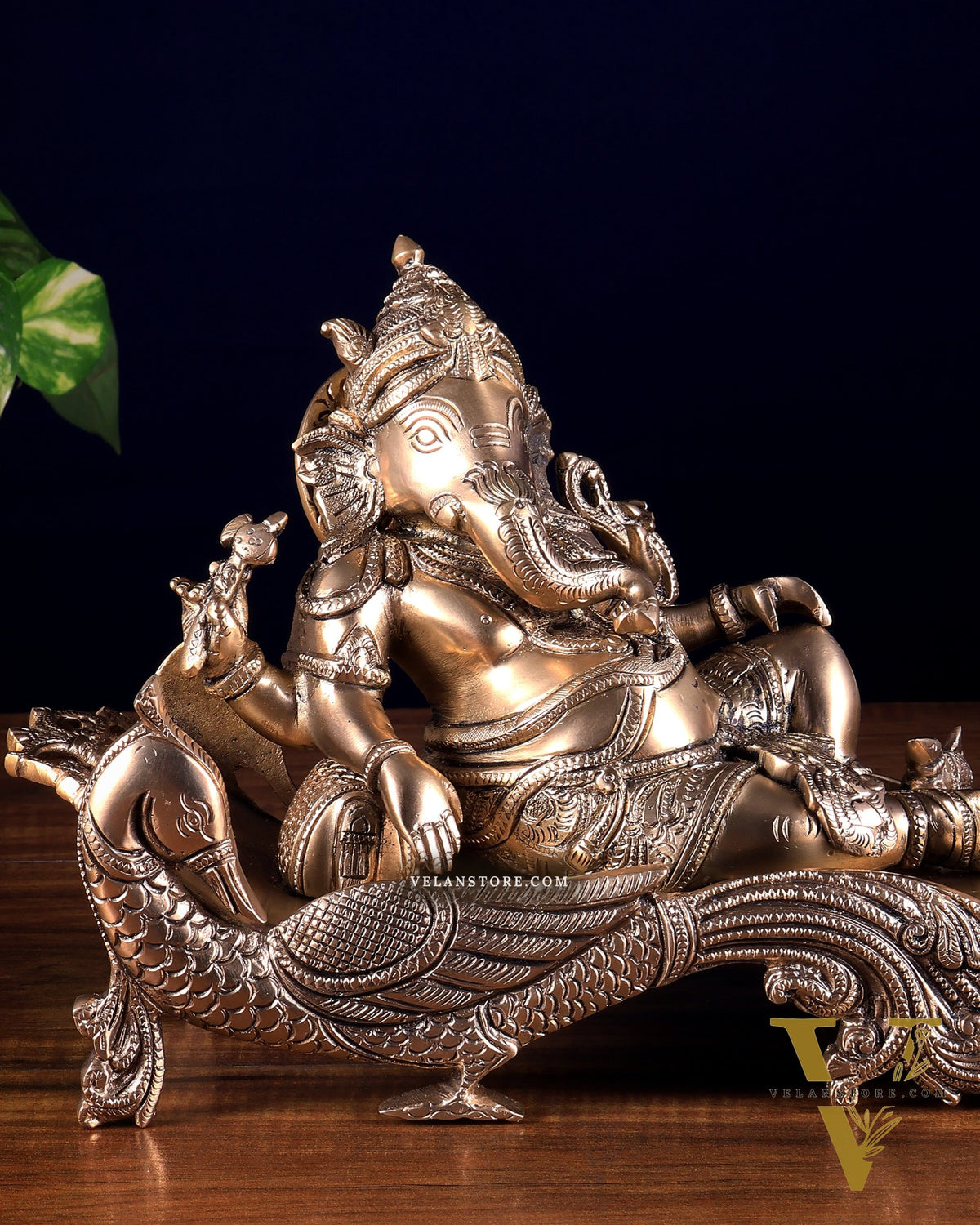 Matte gold Brass Lord Ganesha Statue on Peacock Throne – 11.5" enhanced carvings
