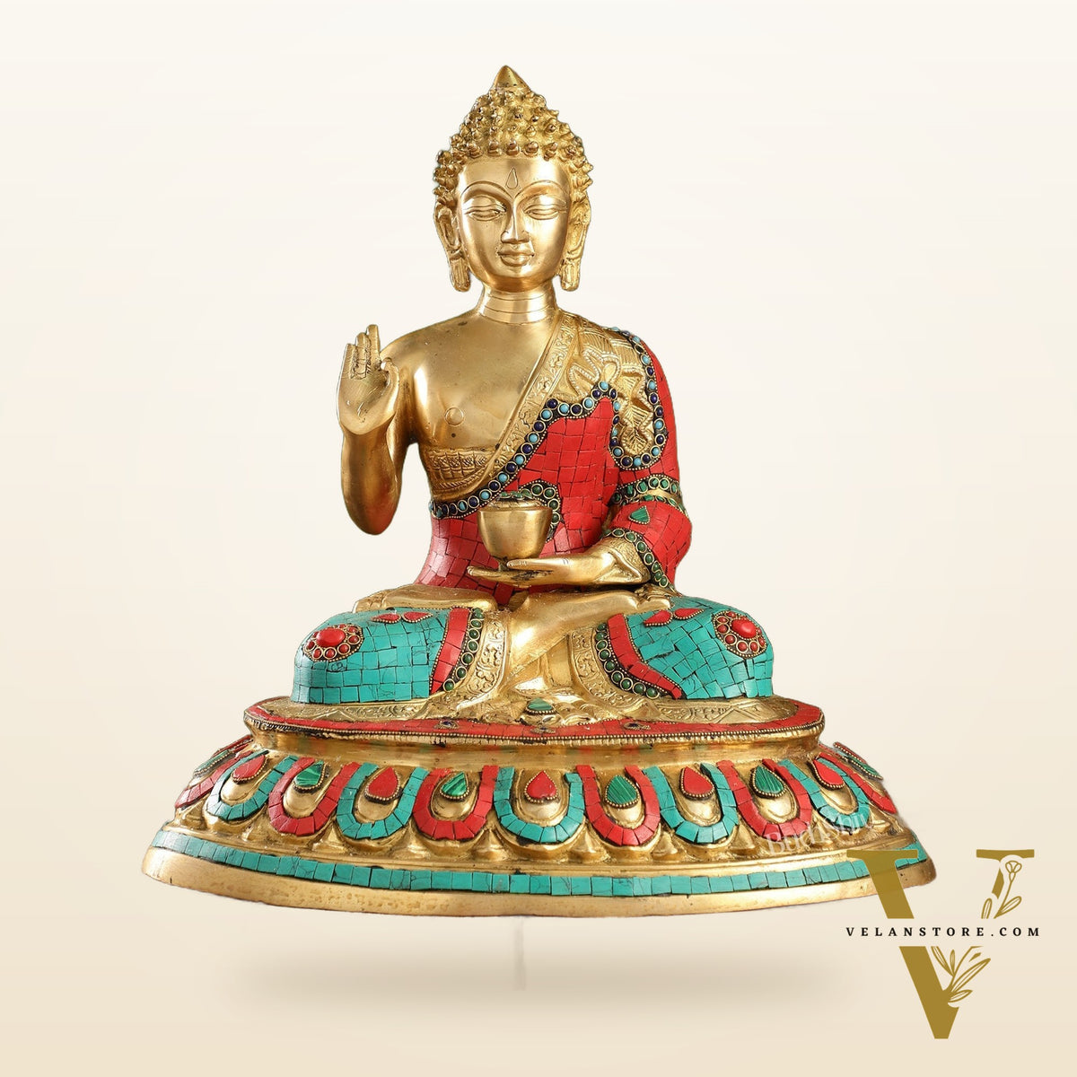 Meenakari Stonework Brass Buddha in Abhaya Mudra Idol | 16" Height | Serene Presence