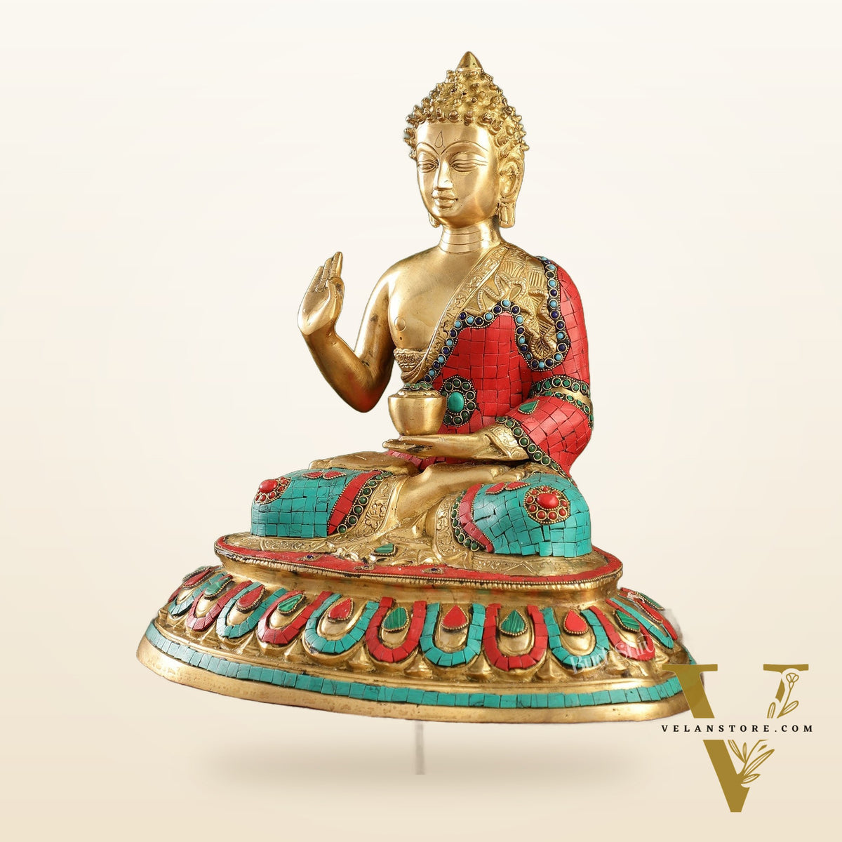 Meenakari Stonework Brass Buddha in Abhaya Mudra Idol | 16" Height | Serene Presence