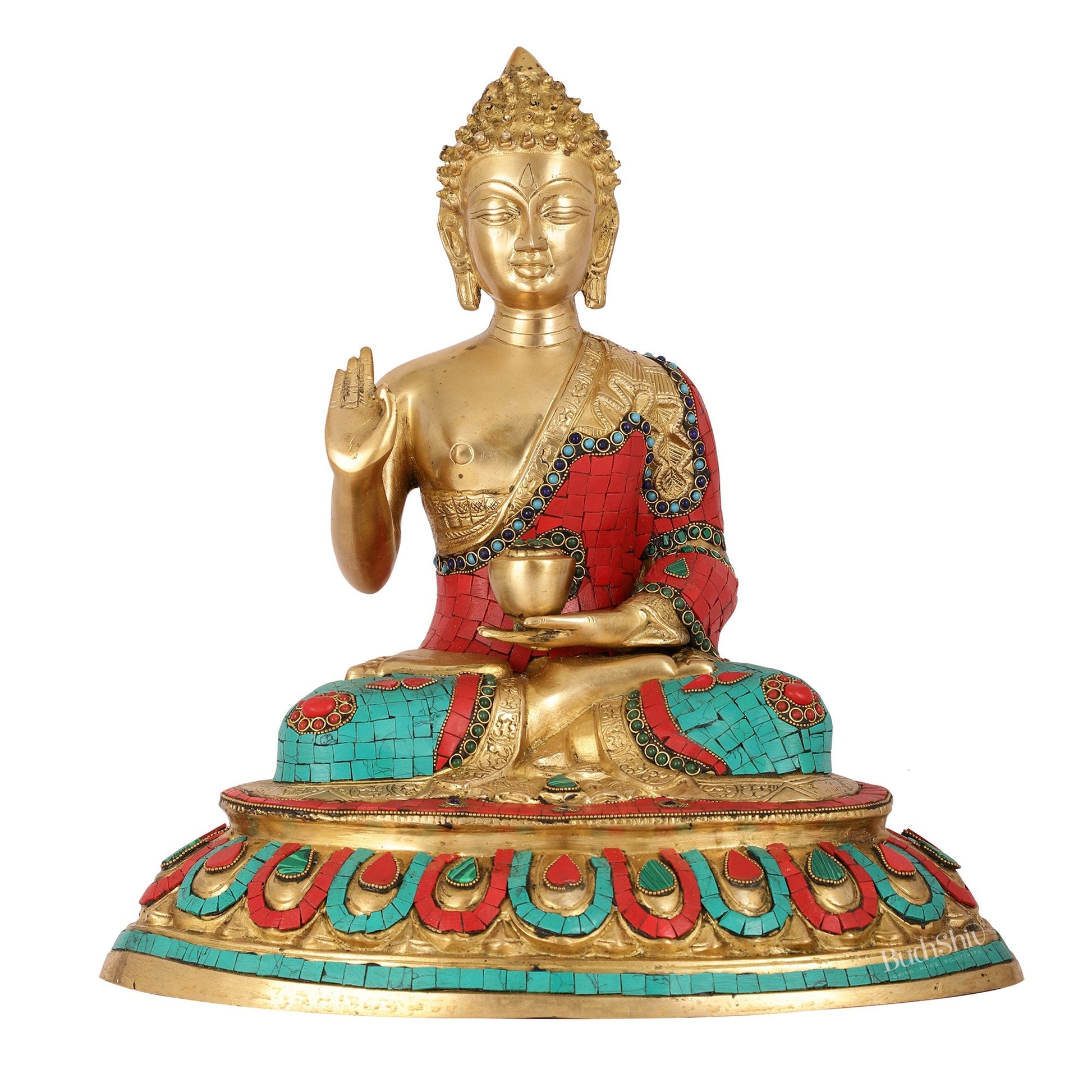 Meenakari Stonework Brass Buddha in Abhaya Mudra Idol | 16" Height | Serene Presence