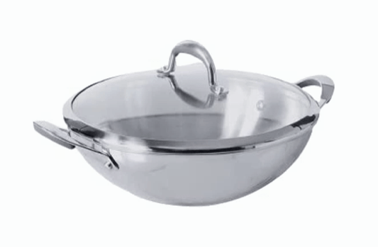 Meyer Select Nickel Free Stainless Steel Kadai, Kadhai with Glass Lid | Steel Kadai with Triply Base | Stainless Steel Cookware for Deep Frying| Gas and Induction Compatible, 26cm/ 3.25 Liters, Silver