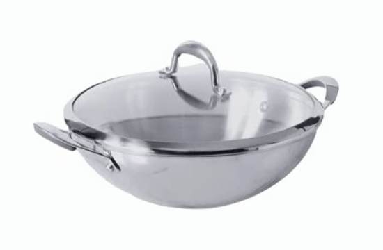 Meyer Select Nickel Free Stainless Steel Kadai, Kadhai with Glass Lid | Steel Kadai with Triply Base | Stainless Steel Cookware for Deep Frying| Gas and Induction Compatible, 26cm/ 3.25 Liters, Silver-1
