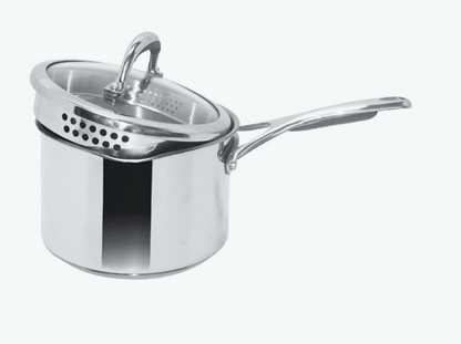 Meyer Select Nickel Free Stainless-Steel Saucepan | Sauce pan with triply Base| Sauce Pot with Straining Glass Lid |Milk pan with Lid | Gas and Induction Compatible, 16cm/ 1.95 Liters, Silver