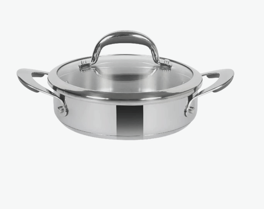 Meyer Select Nickel Free Stainless Steel Sauteuse with Glass Lid | Steel Saute Pan with Triply Base| Frying Pan with Lid and 2 Side Handles | Gas and Induction Suitable | 24cm/ 2.91 Litre, Silver