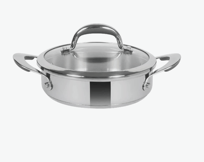 Meyer Select Nickel Free Stainless Steel Sauteuse with Glass Lid | Steel Saute Pan with Triply Base| Frying Pan with Lid and 2 Side Handles | Gas and Induction Suitable | 24cm/ 2.91 Litre, Silver