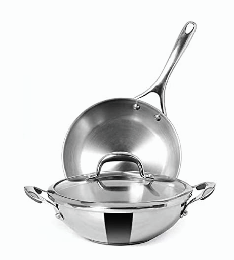 Meyer Select Nickel Free Stainless Steel 26cm Frypan + 26cm Kadhai/Wok 3-Piece Cookware Set With Interchangeable Lid (Induction &amp; Gas Compatible), Silver