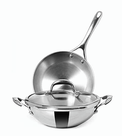 Meyer Select Nickel Free Stainless Steel 26cm Frypan + 26cm Kadhai/Wok 3-Piece Cookware Set With Interchangeable Lid (Induction &amp; Gas Compatible), Silver