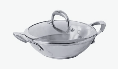 Meyer Select Nickel Free Stainless Steel Kadai, Kadhai with Glass Lid | Steel Kadai with Triply Base | Stainless Steel Cookware for Deep Frying| Gas and Induction Compatible, 24cm/ 2.61 Liters, Silver