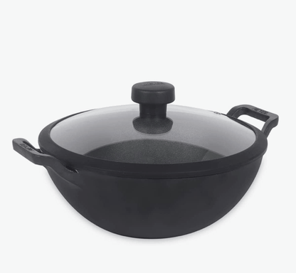 Meyer Pre Seasoned Cast Iron Kadai|Iron Kadhai with Lid for Cooking and Deep Frying | Heavy Base Iron Kadai Small Size | Gas Stove and Induction Friendly 24cm/ 3 Liters, Black