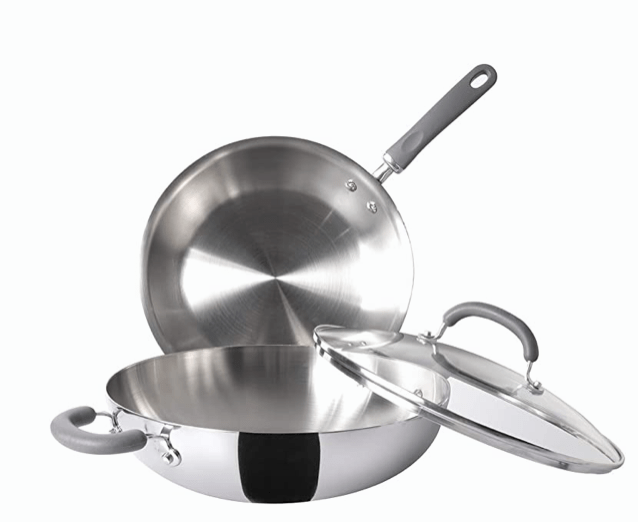 Meyer Trivantage Nickel Free Stainless Steel 3 Piece Cookware Set | Triply Cookware Set with Heavy Bottom | Induction base cookware set - 28cm Frying Pan + 30cm Kadai with Glass Lid, Silver