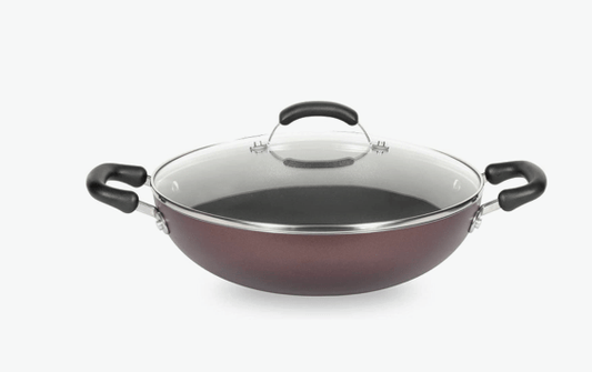 Meyer Merlot Aluminium Non-Stick Kadai | Kadhai with Glass Lid | Kadai for Deep Frying and Stir Frying | Gas and Induction Compatible } 100% Toxic Free, 26cm/ 3.24 Litre