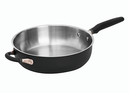 Meyer Accent Series Stainless Steel Saute Pan with Silicone Handle | Steel Frying Pan | Steel Pan | Frying pan with Induction Base, 4.5 Liters, 28cm, Black