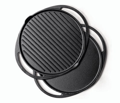 Meyer Pre-Seasoned Cast Iron 2 in 1 Grill and Griddle Pan | Cast Iron Tawa for Dosa | Iron Cookware for Kitchen | Roti Tawa Cast Iron | Cast Iron Grill Pan | Iron Tava Big Size, 30cm, Black