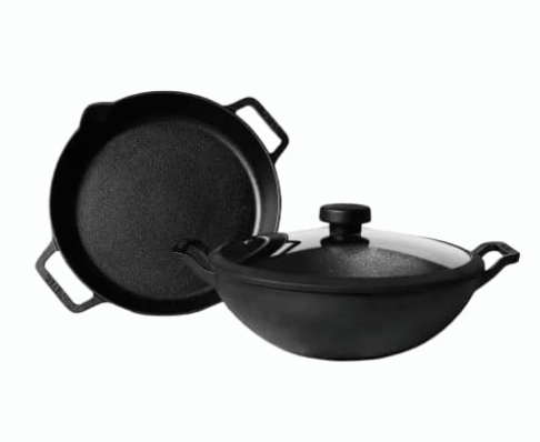 Meyer Pre- Seasoned Cast Iron 3 Piece Cookware Set - 26cm Skillet + 26cm Kadai with Interchangeable Lid | Iron Utensils for Cooking | Cast Iron Cookware for Kitchen |Induction Iron Pan, Black