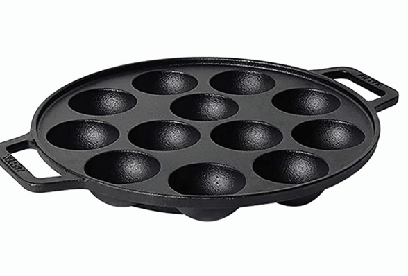 Meyer Pre Seasoned Cast Iron 12 Cavity Appam Patra | Paniyaram Pan Cast Iron | Appam Pan | Pan Cake | Paddu Maker | Appam Maker | Ponganal Maker | Appe Pan | Litti Maker with 2 Side Handle, 20cm